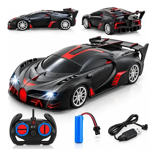 Carrinho Bugatti de Controle Remoto Preto Com Farol Linha Premium Top Cor Vermelho