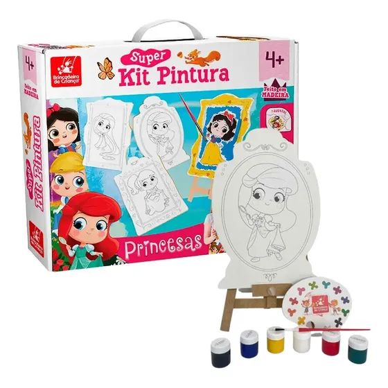 Super Kit Pintura Princesas C/ 4 Telas + Cavalete + 6 Tintas