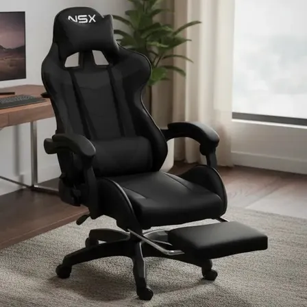 Cadeira De Escritório Gamer Nsx Ergonômica Reclinável Giratória Estofado Couro Sintético Preto Black