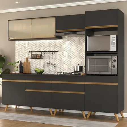 Armário De Cozinha Completa Modulada Balcão Com Tampo E Torre Quente P/ Forno E Micro-ondas 5 Peças Mp3715 Veneza Gb Multimóveis Preto