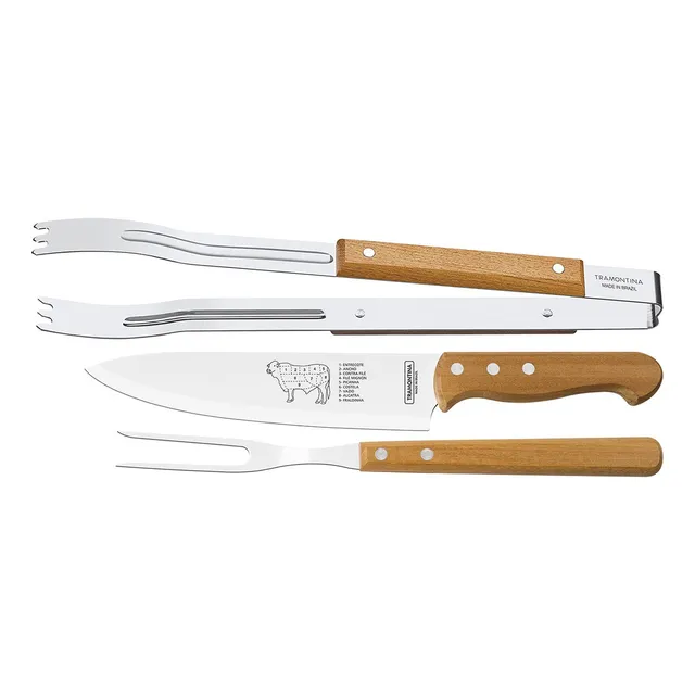 Jogo Para Churrasco Com Lâminas Em Aço Inox E Cabos De Madeira Natural 3 Peças Tramontina Marrom
