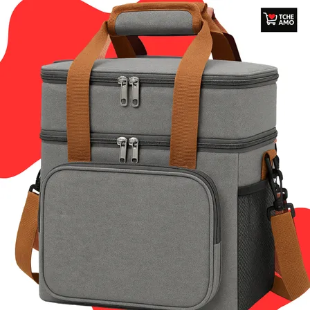 Bolsa Térmica Marmita Tche Amo 13.5 L Alça Transversal Ajustável Removível 2 Compartimentos Organiza Conserva Seus Alimentos Quente Ou Frio Cor Cinza Cinza-claro