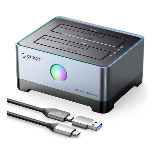 Clonador de Disco Orico USB-C RGB 2 Baias 3.5 HDD/SSD SATA Clonagem Offline