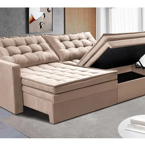 Sofá Sem Caixa Retrátil Baú 1,80m Cama inBox Secret Suede Velusoft Bege