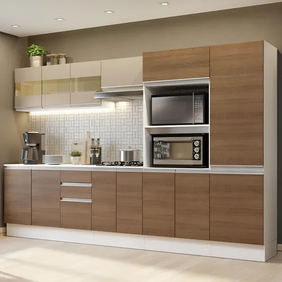 Armário De Cozinha Completa Modulada com Balcão para Cooktop 100% Mdf 300cm Smart Madesa B02 Cor Branco/Rustic/Crema XMGRSM300002