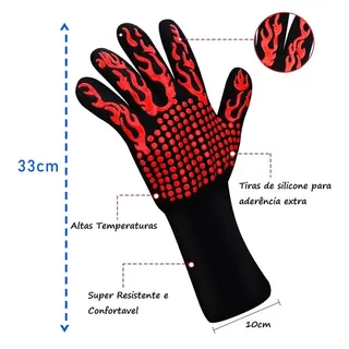 Super Luva Térmica Forno Protege Mãos Punho Suporta 600°c Cor Preto Luva De Churrasqueiro Térmica Super Resistent