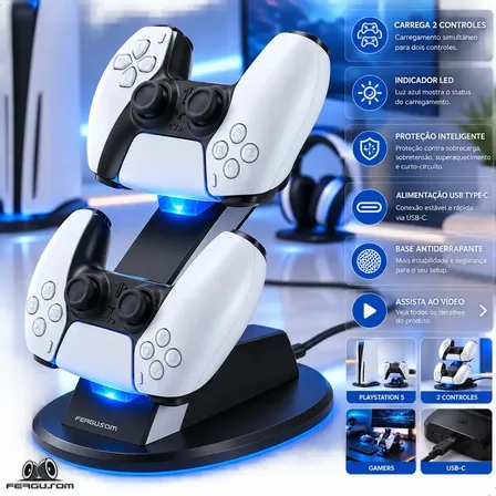 Suporte Base Carregador Para Controle Compatível Com Ps5 Playstation Slim Dual Usb Com Indicador Led E Base... Branco/preto