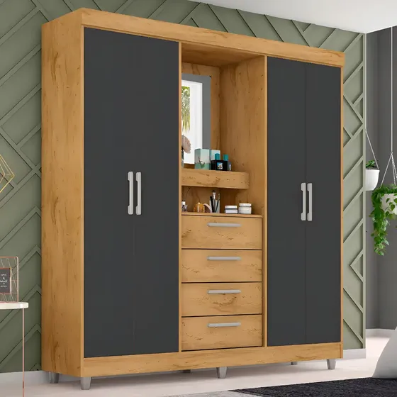 Guarda Roupa Casal 4 Portas Espelho 4 Gavetas 2218 Araplac Cor Freijo/carbono