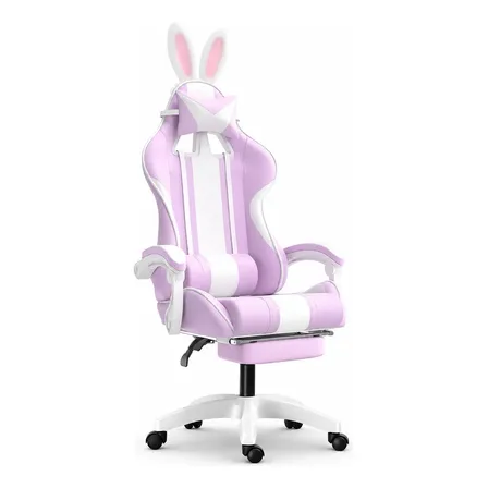 Cadeira Gamer Python Fly Lilás Rosa Com Orelhinhas De Coelho Reclinável Algodão