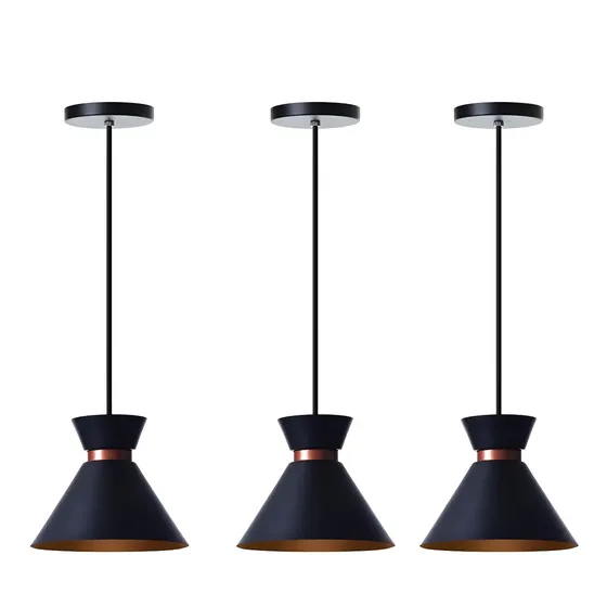 Kit 3 Pendentes Dubai 17cm Preto Com Cobre Alumínio E27 Bivolt