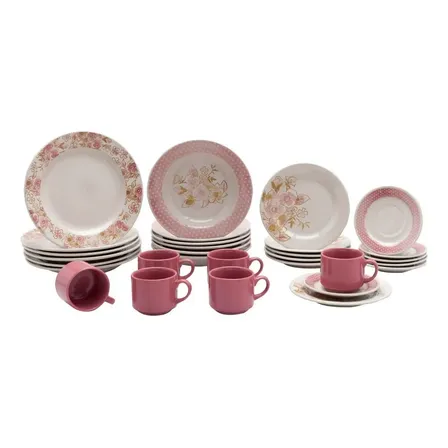 Aparelho De Jantar Biona Sweet Moment Cerâmica 30 Peças 5160 Cor Rosa Floreado