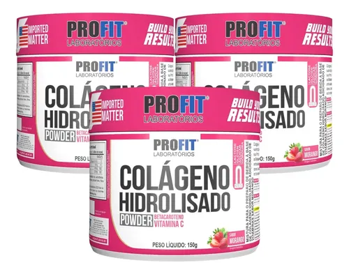 3x Colágeno Hidrolisado Vitamina C Betacaroteno 150g Profit Sabor Morango