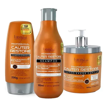 Kit Cauterização Shampoo Condicionador Máscara Forever Liss