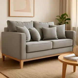 Sofá 2 Lugares Beny Base De Madeira Linho Cotton Cinza