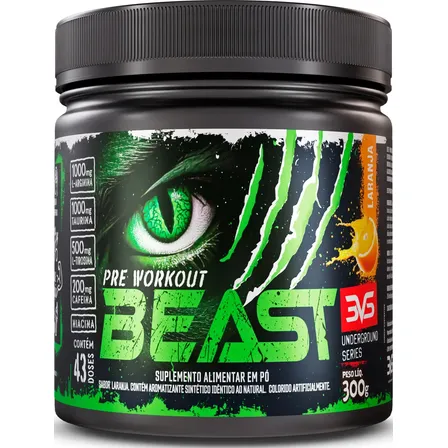 Pré-treino Beast 300g Sabor: Laranja - Ultra Concentrado - Promove Vasodilatação, Recuperação Energética, Aumento De Óxido Nítrico, Desintoxicação E Melhora De Concentração E Foco
