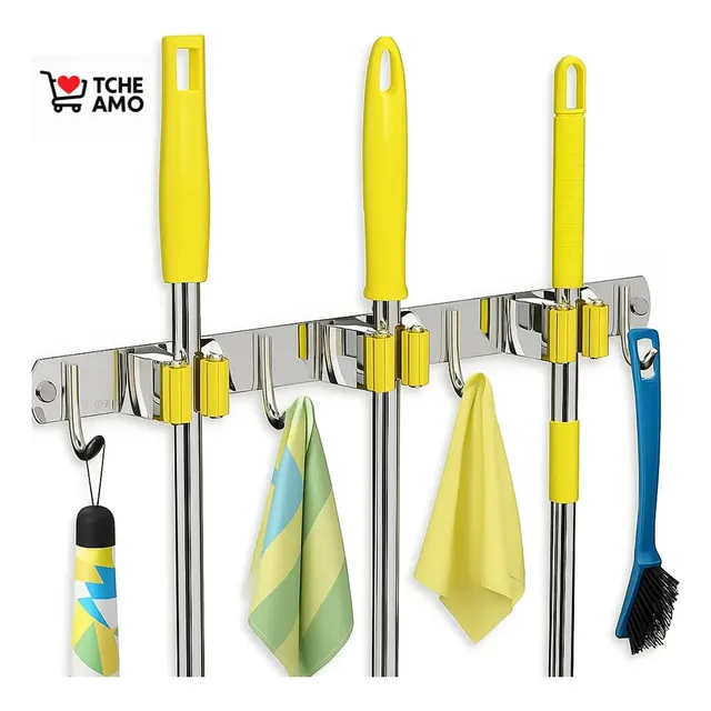 Suporte Vassoura com 7 Acessórios (3 presilhas e 4 ganchos) Aço Inoxidável Não enferruja Vassoureiro Lavanderia Compacta e Moderna Qualidade Tche Amo