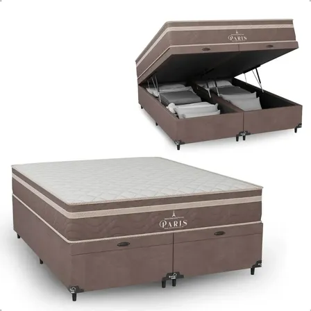 Cama Box Baú Queen Bipartido + Colchão Paris Molas Ensacadas Marrom