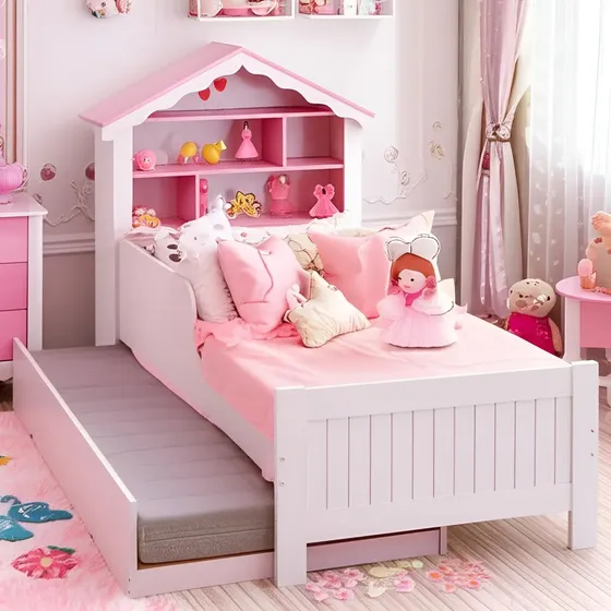 Bicama Loja Tigo solteiro menina casa de princesa infantil branco rosa