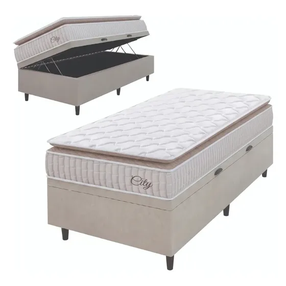 Cama Box Baú Colchão Solteiro Molas Ensacadas City Pillow Top 88x188x64cm Branco e Bege Hellen