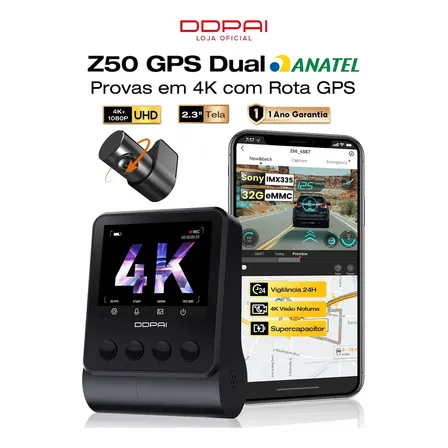 Câmera Veicular Automotiva Ddpai Z50 Dashcam 4K+1080p com Wi-Fi GPS D2save, Camera Automotiva com Tela 2.3 Supercapacitor Gravação em Loop Visão Noturna Ângulo Amplo de 140°, Câmera para Carro