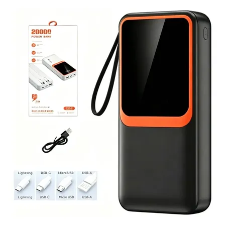 Carregador Portátil Powerbank Turbo Rápido 20.000mah Bbmoye C/ Cabos Imbutidos Preto