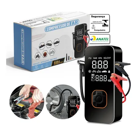 Compressor De Ar Digital Para Pneus Com Auxiliar De Partida, Power Bank E Lanterna Led Preto 127/220v
