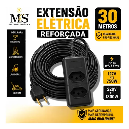 Extensão Elétrica 30 Metros Reforçada 10/20a Obra Profissional Tomada Em Barra Ms Eletro Eletrônica