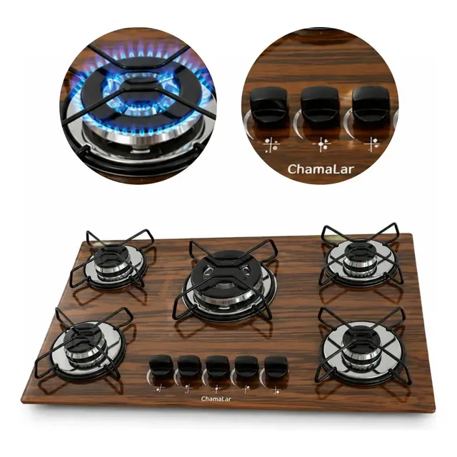 Fogão Cooktop Gás 5 Bocas Tripla Chama Amadeirado Escuro Marrom 127/220v