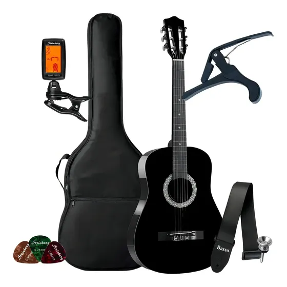 Kit Violao Acustico Iniciante Estudante Bravo An100 Kit Completo Cor Bk - Black Material Do Diapasão Padrão Orientação Da Mão Destro