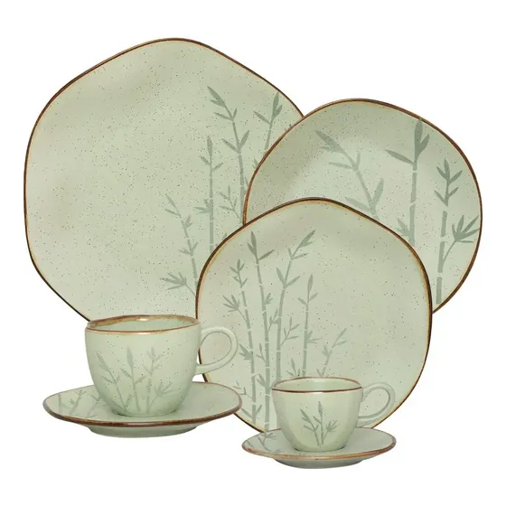 Aparelho De Jantar Verde Ryo Bambu 42 Peças Oxford Porcelana