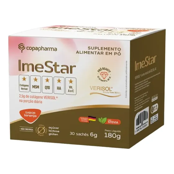 Colágeno Verisol - Imestar Sachê Coenzima Q10, Acido Hialurônico, MSM, Vitamina A - Sabor Laranja C/30 Sachês