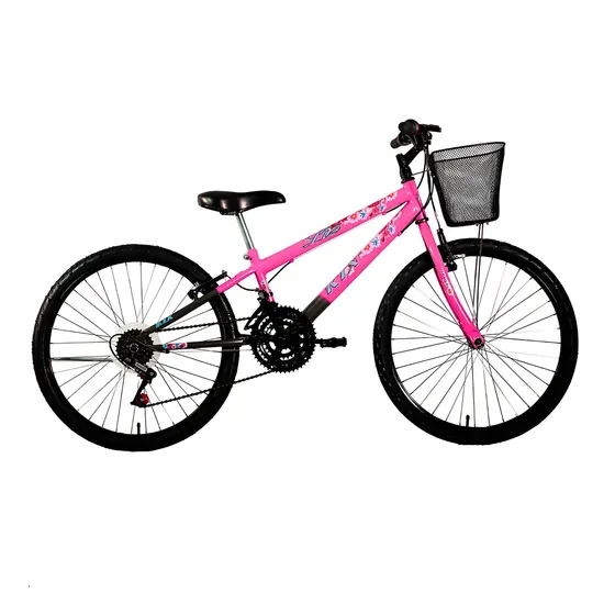 Bicicleta Aro 24 Feminina 18 Marchas Rosa Menina Com Cesto Ktx Liz