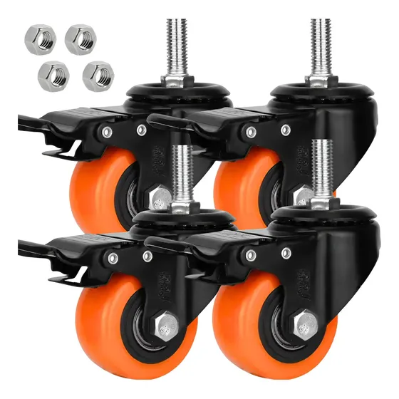 Kit 4 Rodízio Rodas Para Moveis Reforçado 400kg Giratórias Com Parafuso M10 Espiga E Trava Rodinhas Rodízios Anti-risco Pvc 50mm 2 Polegadas Ideal Para Moveis Carrinhos Bancadas Cor Laranja Marca Rrj
