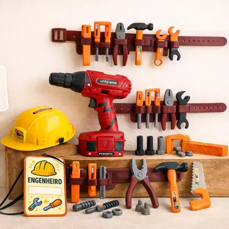 Furadeira De Brinquedo + Kit Cinto C/ Ferramentas Construção