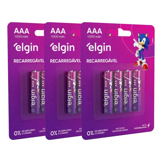 12pilha Recarregavel Aaa Palito 1000 Mah Elgin-3 Blister C/4