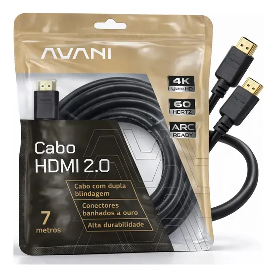 Cabo HDMI 7m Reforçado Dupla Blindagem Alta Durabilidade Versão 2.0 4K Ultra HD ARC CEC Ethernet Conector Banhado a Ouro 7 metros