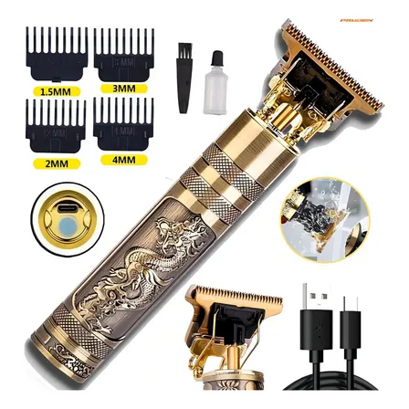 Maquininha De Corte Profissional Dragão Sem Fio Lâminas Titanium Usb Dourado