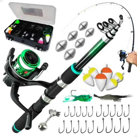 Kit de Pesca Completo Pescamping com Vara Telescópica de 1.7 m e Molinete