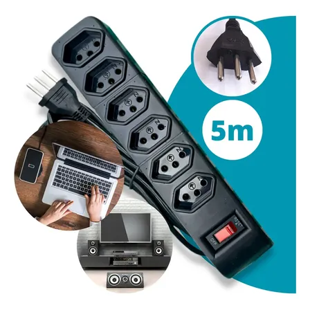 Filtro De Linha Régua Extensão 6 Tomadas 5m 10a Preto Bivolt Proteção Sobretensão 127/220v