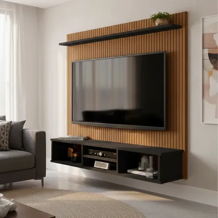 Painel TV Ripado Preto 3D com Nichos e Prateleira 50 Polegadas