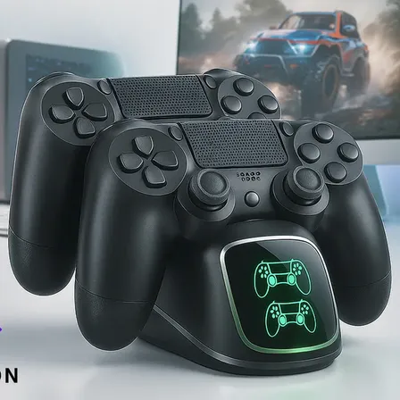 Suporte Compatível Playstation Carregador Base Controle PS4 Duplo ( Ps4, Ps4 Slim, Ps4 Pro ) Com Suporte que Carrega 2 Controles Ao Mesmo Tempo Visor Com Mostrador Digital - Marca Voreon Preto