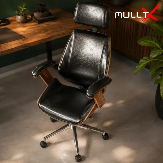 Cadeira De Escritório Executiva Em Madeira Cadeira Premium Presidente Ergonômica Giratória Mulltx Cor Preto Couro Sintético