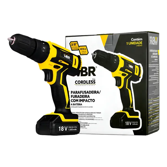 Parafusadeira Furadeira Wbr Cordless 18v Com Impacto 3/8 Bateria Preto 127/220v 50 Hz X 60 Hz