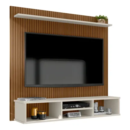Home Painel Simples Tv Sala 50 Pol Ripado Com Nicho Offwhite Ripado/off White
