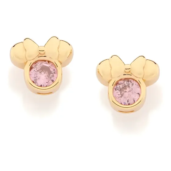 Brinco Rommanel Disney Baby Minnie Pedra Rosa Banhado Ouro