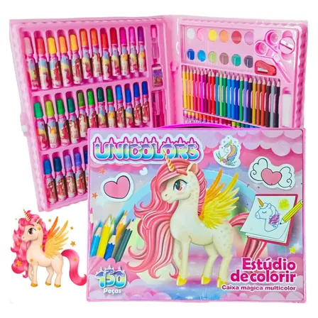 Kit Escolar Menina Maleta Pintura Teoliver 150 Peças Unicórnio Canetinhas Lápis De Cor Giz De Cera Tinta Aquarela