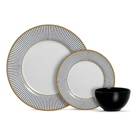 Aparelho De Jantar 12 Pçs Cerâmica Com Bowl Alleanza Ritz Cor Branco E Dourado Decorado