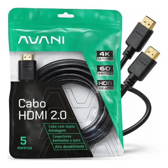 Cabo HDMI 5m Reforçado Dupla Blindagem Alta Durabilidade Versão 2.0 4K Ultra HD HDR ARC CEC Ethernet Conector Banhado a Ouro 5 metros
