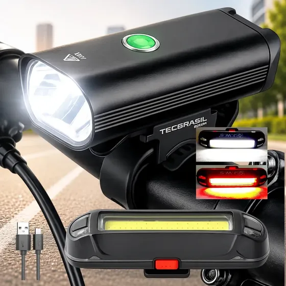 Kit Lanterna Bike Farol Frontal Dianteiro Recarregável USB Compacta iluminação 400lm Resistente Água Chuva Ciclismo com Sinalizador Led Alto Brilho para sua Segurança Impermeável Preto Tecbrasil K55