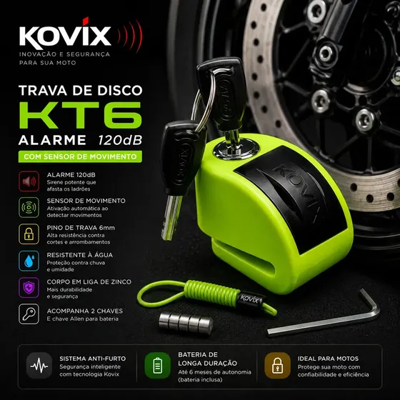 Trava Disco Verde Kovix KT6 com Alarme 120db e Sensor de Movimento Antifurto e Roubo de Moto